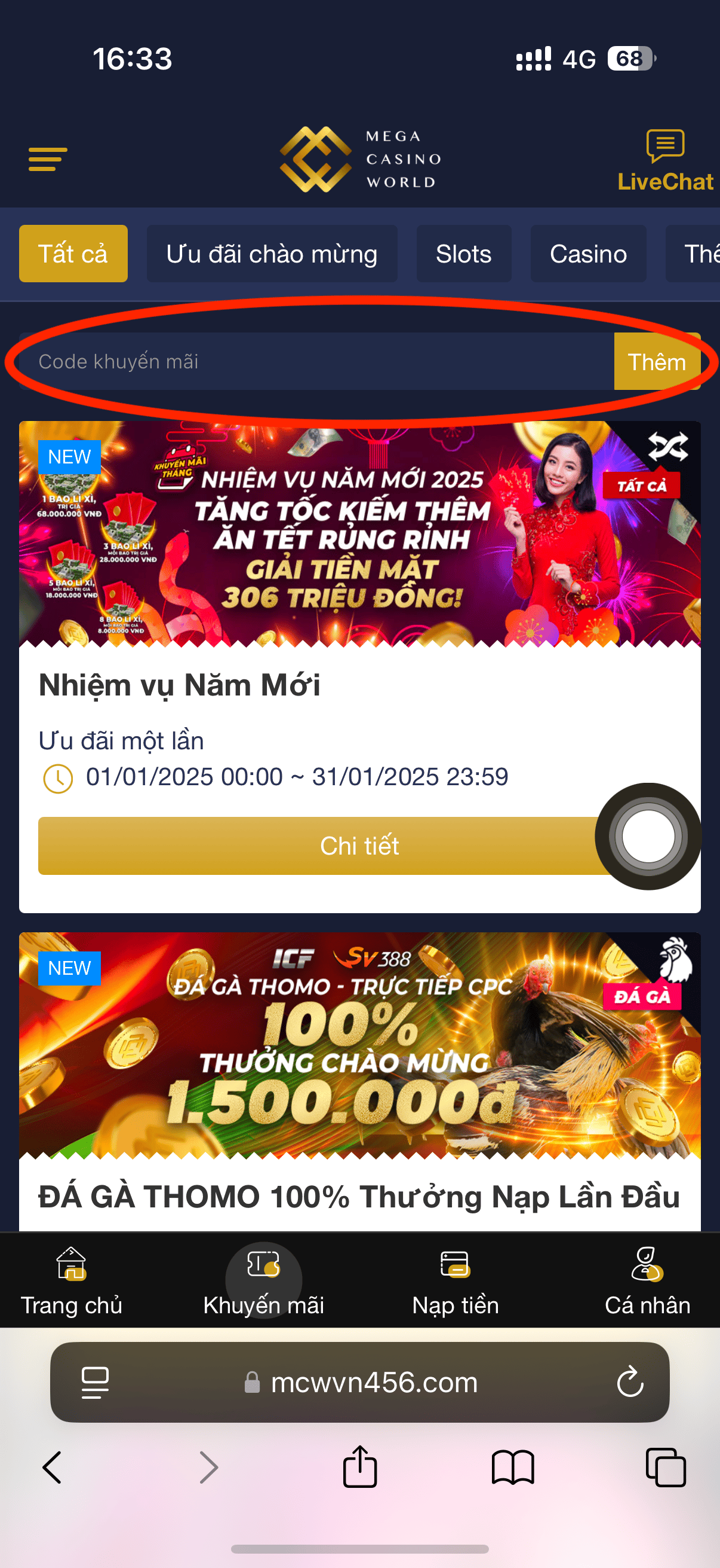 3. Đi tới trang khuyến mãi, dán hoặc nhập code khuyến mãi của bạn vào ô trên cùng và nhấn “Thêm”